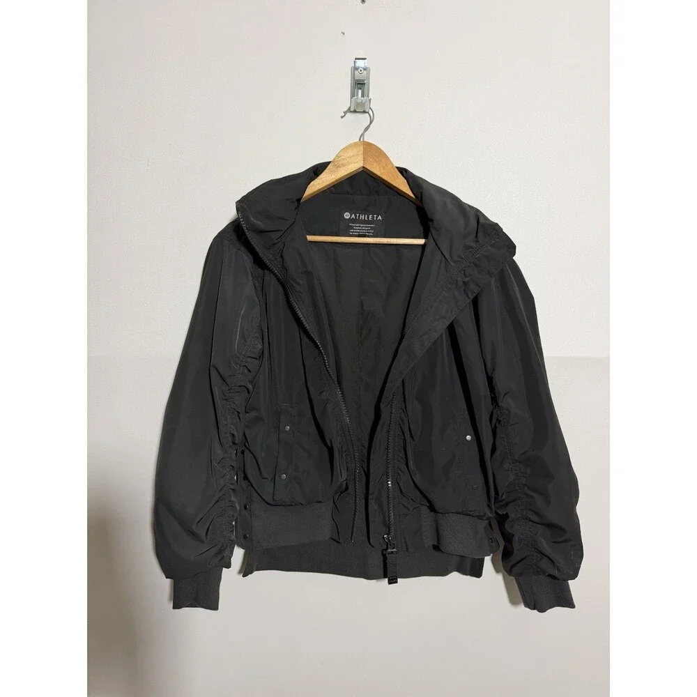 Athleta Jetset Bomber Jacket Womens Small Black Full Zip Hidden Hood